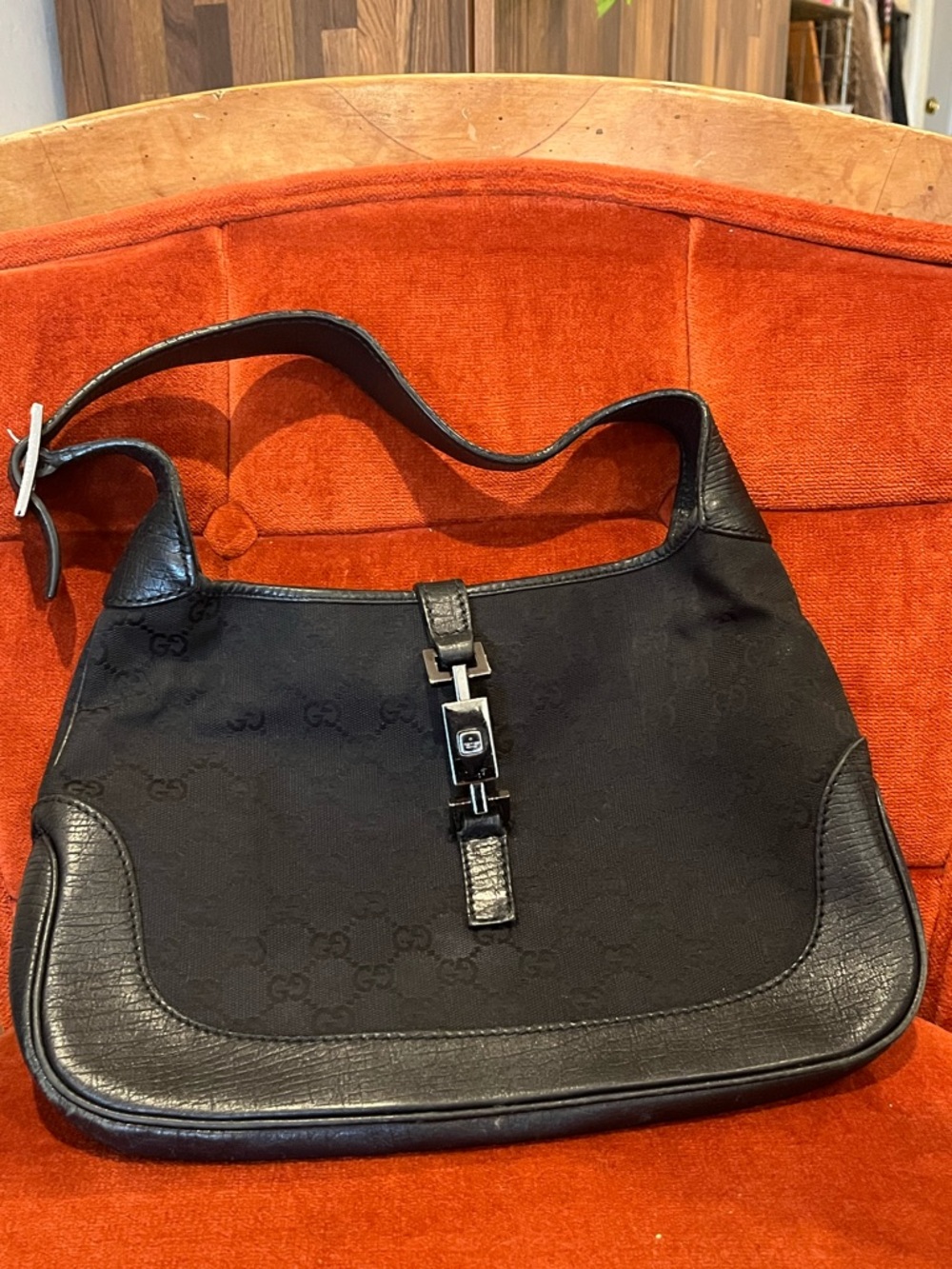 Gucci Black Jackie Medium Shoulder Bag with Signature GG Jacquard